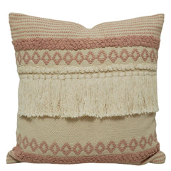 Handwoven Cotton Cushion Cover 45x45 cm | Boho Woven Tufted Fringe Cushion Cover | Decorative Throw Pillow Cover for Sofa, Bed & Living Room | Blush Pink & Natural