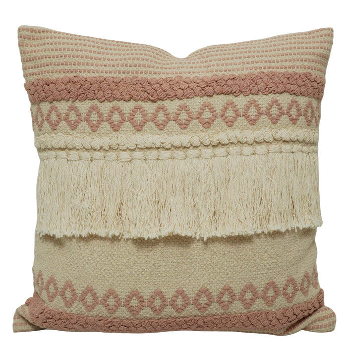Handwoven Cotton Cushion Cover 45x45 cm | Boho Woven Tufted Fringe Cushion Cover | Decorative Throw Pillow Cover for Sofa, Bed & Living Room | Blush Pink & Natural