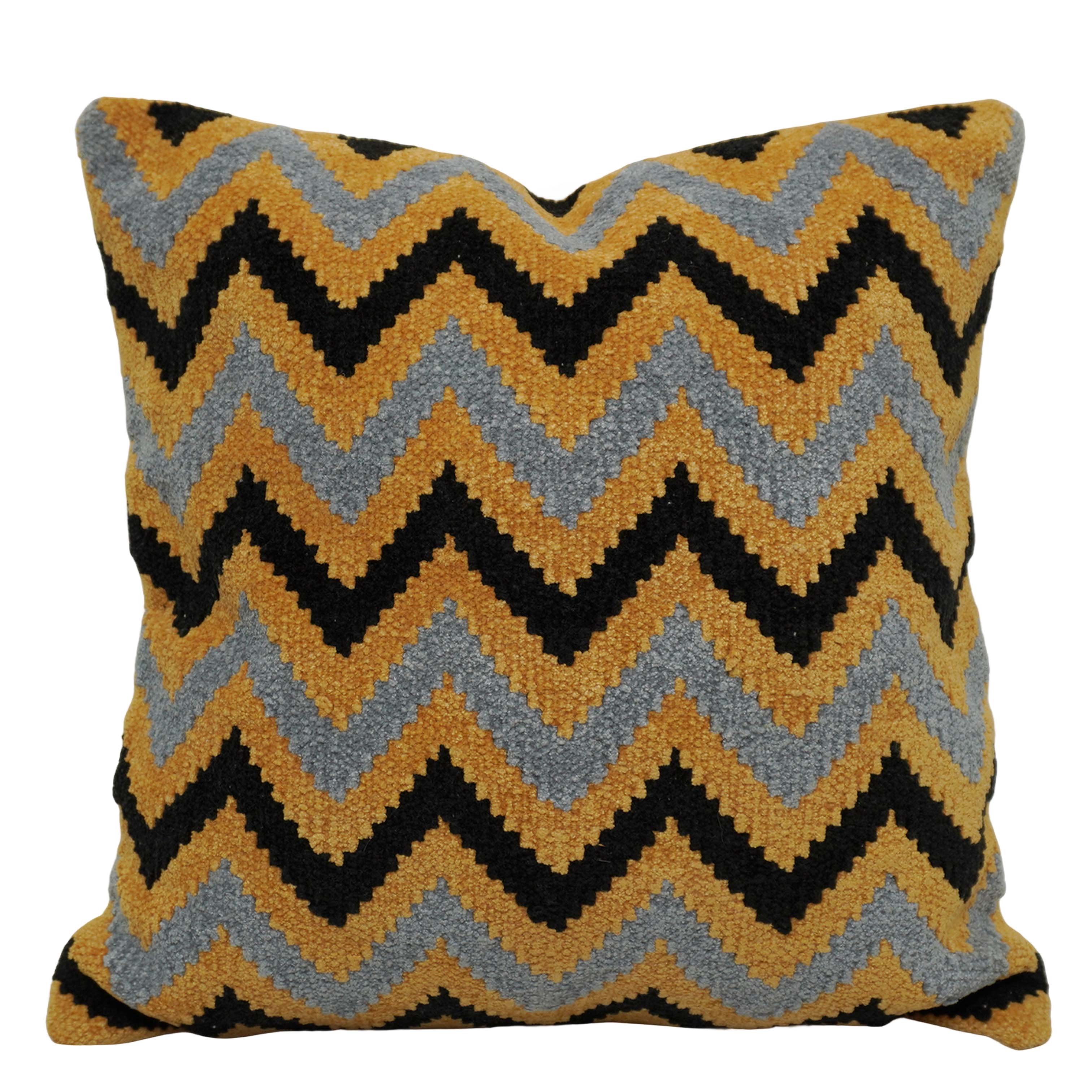 Handwoven Chevron Cotton Cushion Cover 45x45 cm | Textured Mustard, Grey & Black Geometric Design | Decorative Throw Pillow Cover with Concealed Zip