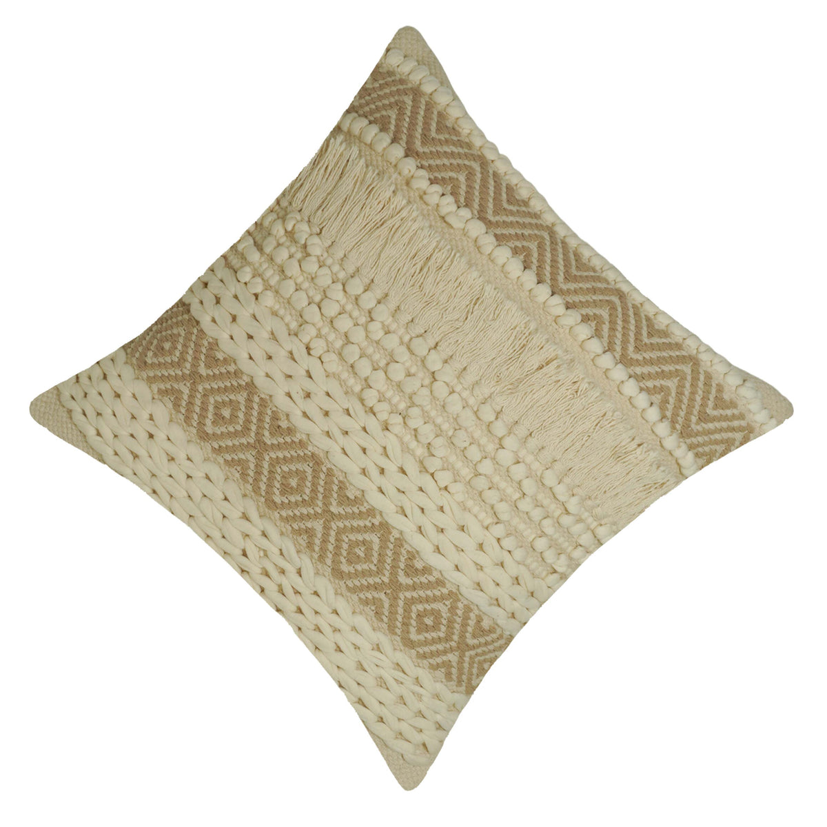 Handwoven Cotton Cushion Cover 45x45 cm | Boho Textured Woven Cushion Cover with Fringe | Cream & Natural Decorative Throw Pillow Cover | Hidden Zipper | Handmade Home Décor