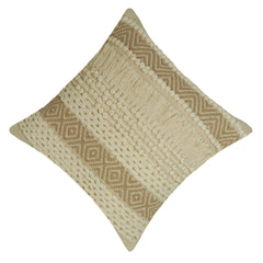Handwoven Cotton Cushion Cover 45x45 cm | Boho Textured Woven Cushion Cover with Fringe | Cream & Natural Decorative Throw Pillow Cover | Hidden Zipper | Handmade Home Décor