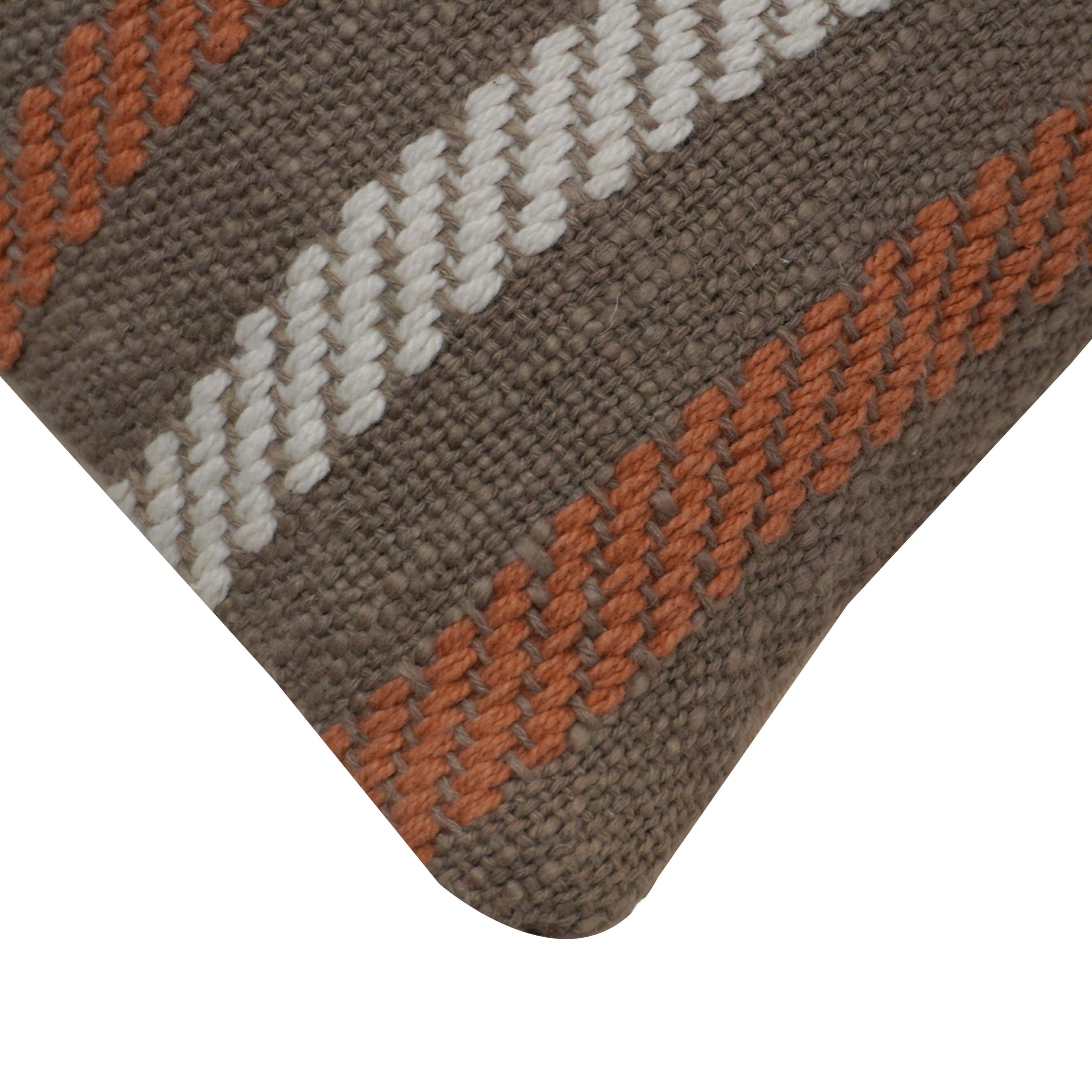 Handwoven Cotton Cushion Cover 35 x 50 cm | Brown, Rust & Ivory Striped Woven Lumbar Cushion Cover | Decorative Rectangular Throw Pillow Cover with Hidden Zipper