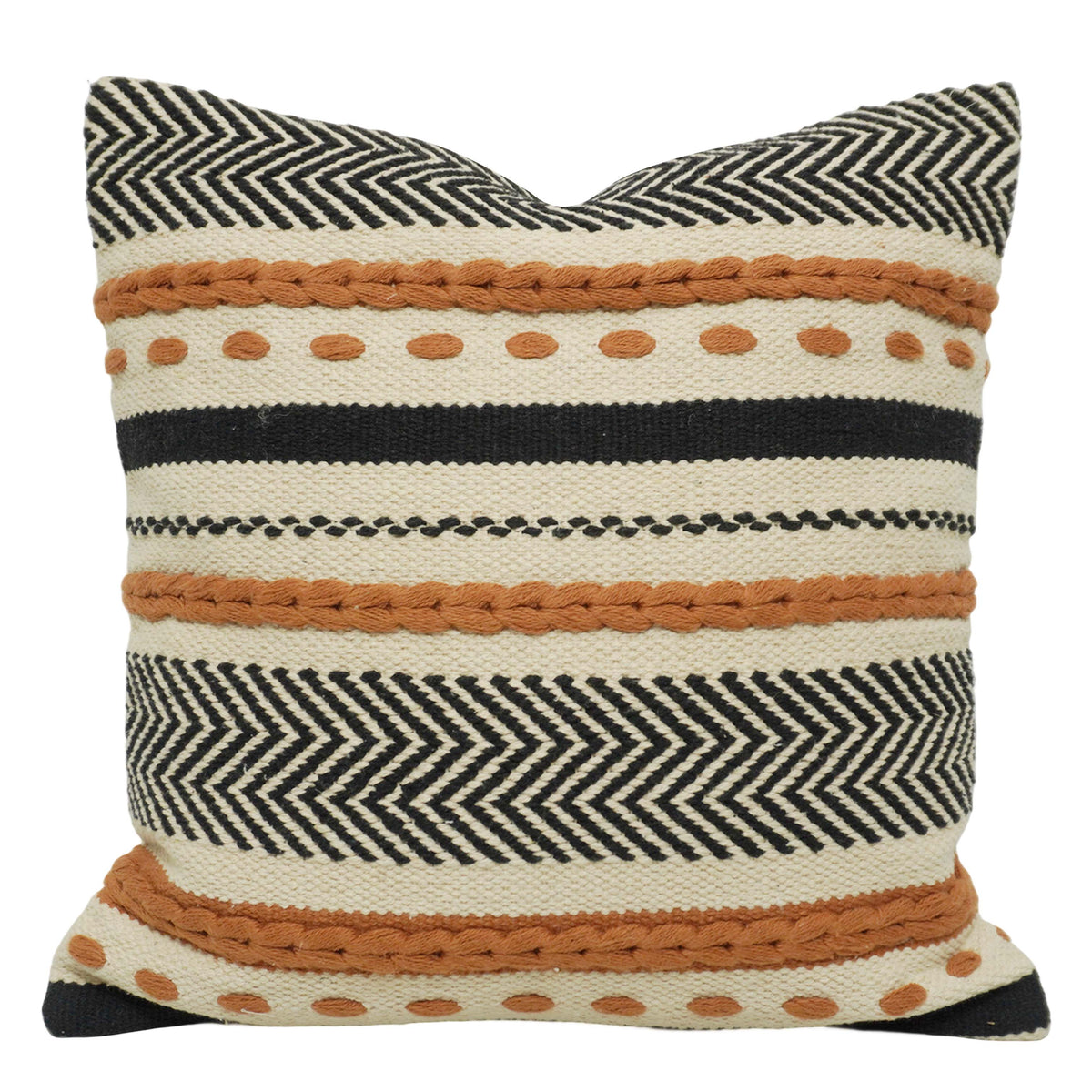 Handwoven Cotton Cushion Cover 45x45 cm | Boho Geometric Woven Throw Pillow Cover | Black, Ivory & Rust | Decorative Sofa Cushion Cover with Hidden Zipper