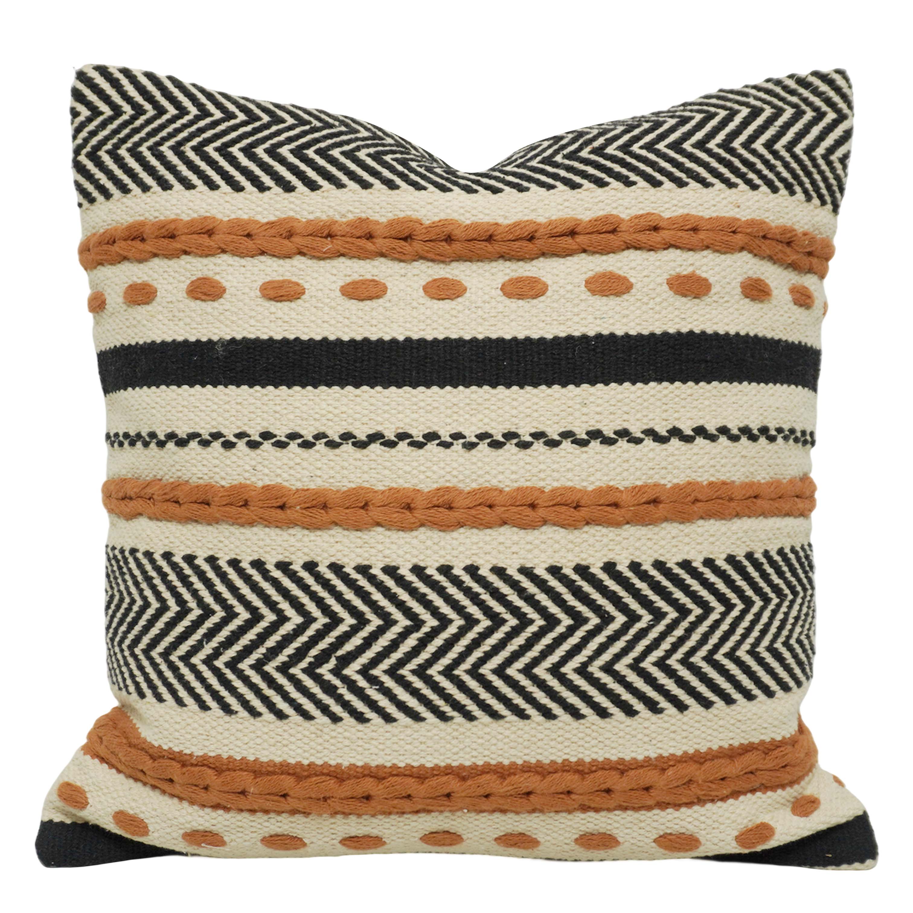 Handwoven Cotton Cushion Cover 45x45 cm | Boho Geometric Woven Throw Pillow Cover | Black, Ivory & Rust | Decorative Sofa Cushion Cover with Hidden Zipper