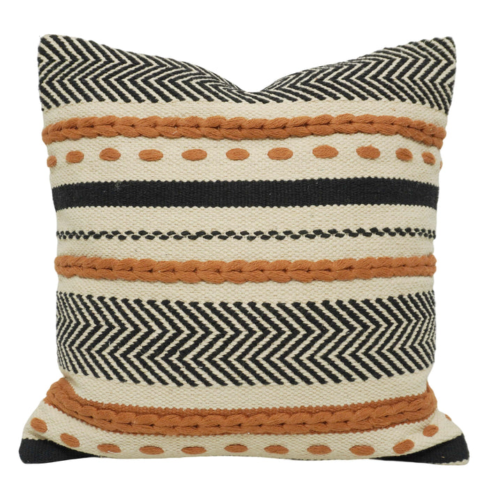 Handwoven Cotton Cushion Cover 45x45 cm | Boho Geometric Woven Throw Pillow Cover | Black, Ivory & Rust | Decorative Sofa Cushion Cover with Hidden Zipper