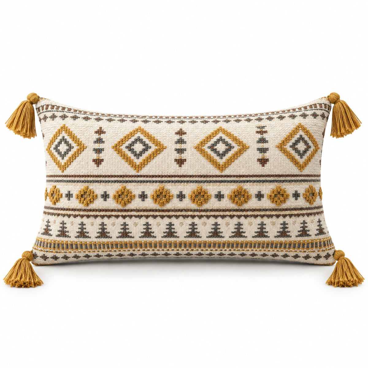 Rectangular cream lumbar cushion cover with mustard geometric tribal motifs and tassel accents