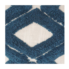 Close-up of a blue and white geometric patterned rug
