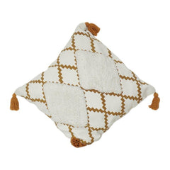 Housse de coussin en coton tufté géométrique style bohème avec pompons | Motif abstrait ivoire et moutarde | 45x45 cm