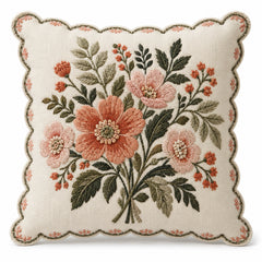 Ivory cushion cover with multicolor floral motifs and decorative scalloped edge finishing