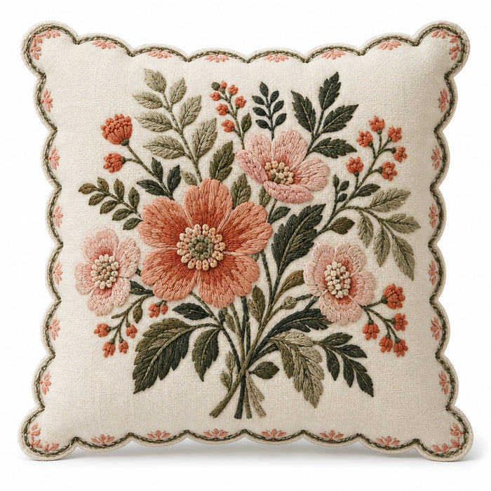 Ivory cushion cover with multicolor floral motifs and decorative scalloped edge finishing