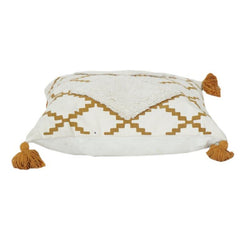 Housse de coussin en coton tufté géométrique style bohème avec pompons | Motif abstrait ivoire et moutarde | 45x45 cm