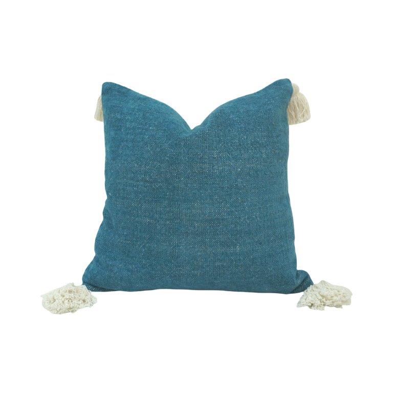 Handwoven Cotton Cushion Cover with Tassels – Teal Blue | 45x45 cm Decorative Throw Pillow Cover - Bulk manufacturer & supplier from Panipat, India
