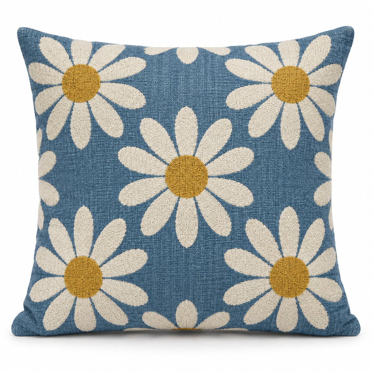 Dusty blue square cushion cover with large cream daisy flowers and mustard yellow centers