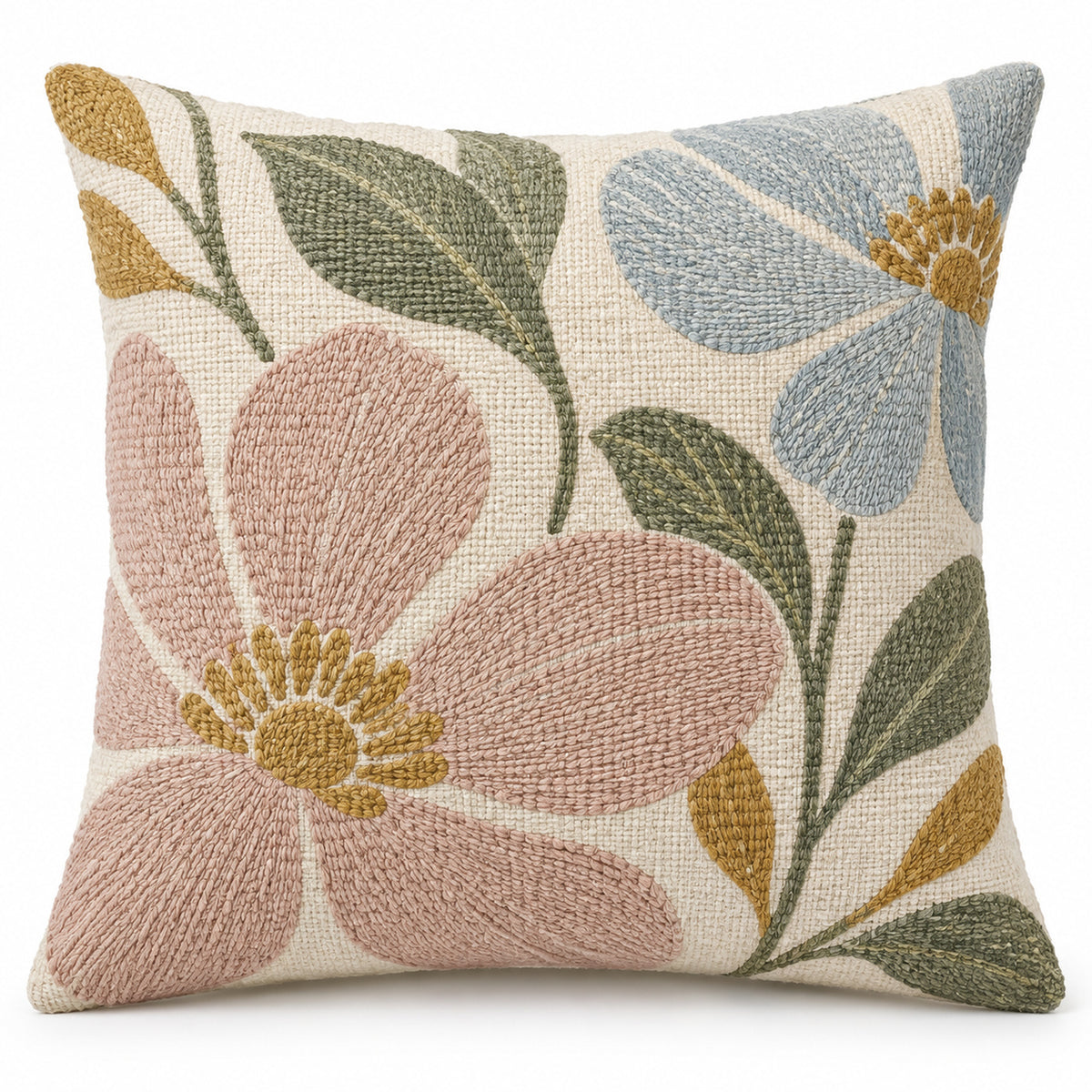 Square cushion cover with oversized pastel pink, sage and pale blue botanical floral and leaf motifs