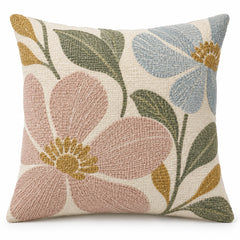 Square cushion cover with oversized pastel pink, sage and pale blue botanical floral and leaf motifs