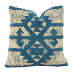 Handwoven Cotton Cushion Cover 45x45 cm with Geometric Tufted Pattern | Textured Blue & Beige Decorative Pillow Case