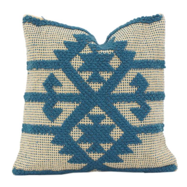 Handwoven Cotton Cushion Cover 45x45 cm with Geometric Tufted Pattern | Textured Blue & Beige Decorative Pillow Case