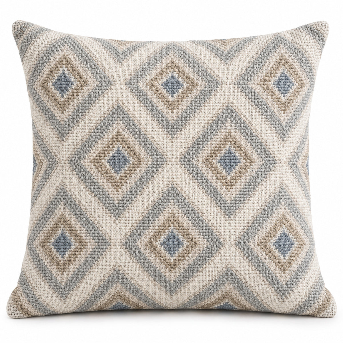 Ivory square cushion cover with repeating nested diamond outlines in soft blue and beige
