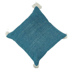 Handwoven Cotton Cushion Cover with Tassels – Teal Blue | 45x45 cm Decorative Throw Pillow Cover
