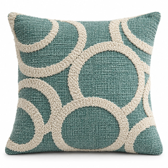 Teal square cushion cover with oversized curved ivory loop shapes and high-low tufted-look texture