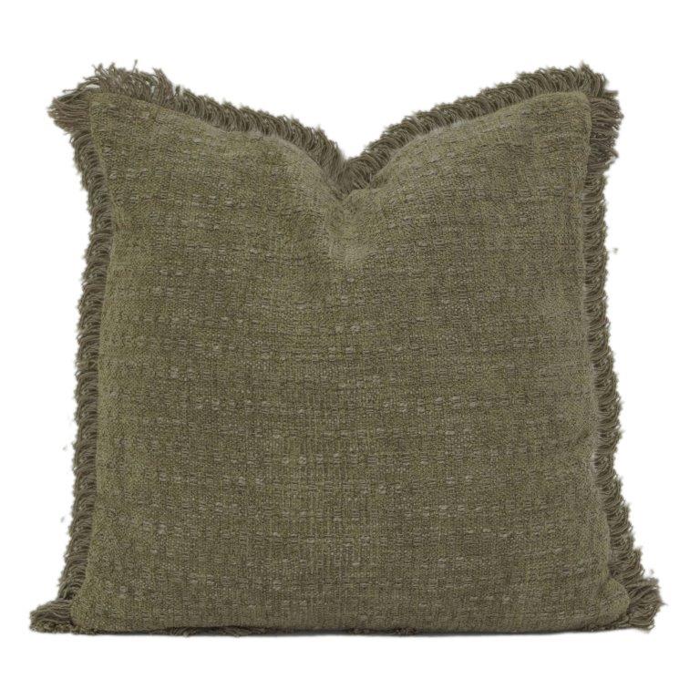 Olivgrüner Kissenbezug aus texturierter Baumwolle mit Fransen | Rustikaler Boho-Zierkissenbezug | 45x45 cm - Bulk manufacturer & supplier from Panipat, India