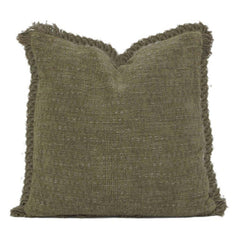 Olive Green Textured Cotton Cushion Cover with Fringed Edges | Rustic Boho Throw Pillow Cover | 18x18 Inch