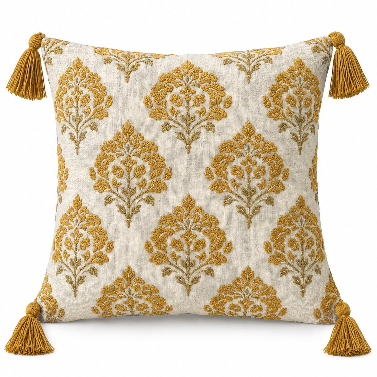 Ivory square cushion cover with repeating mustard gold medallion motifs and gold corner tassels