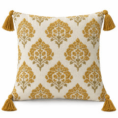Ivory square cushion cover with repeating mustard gold medallion motifs and gold corner tassels