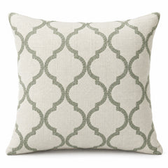 Ivory square decorative cushion cover with a sage green repeating ogee lattice pattern