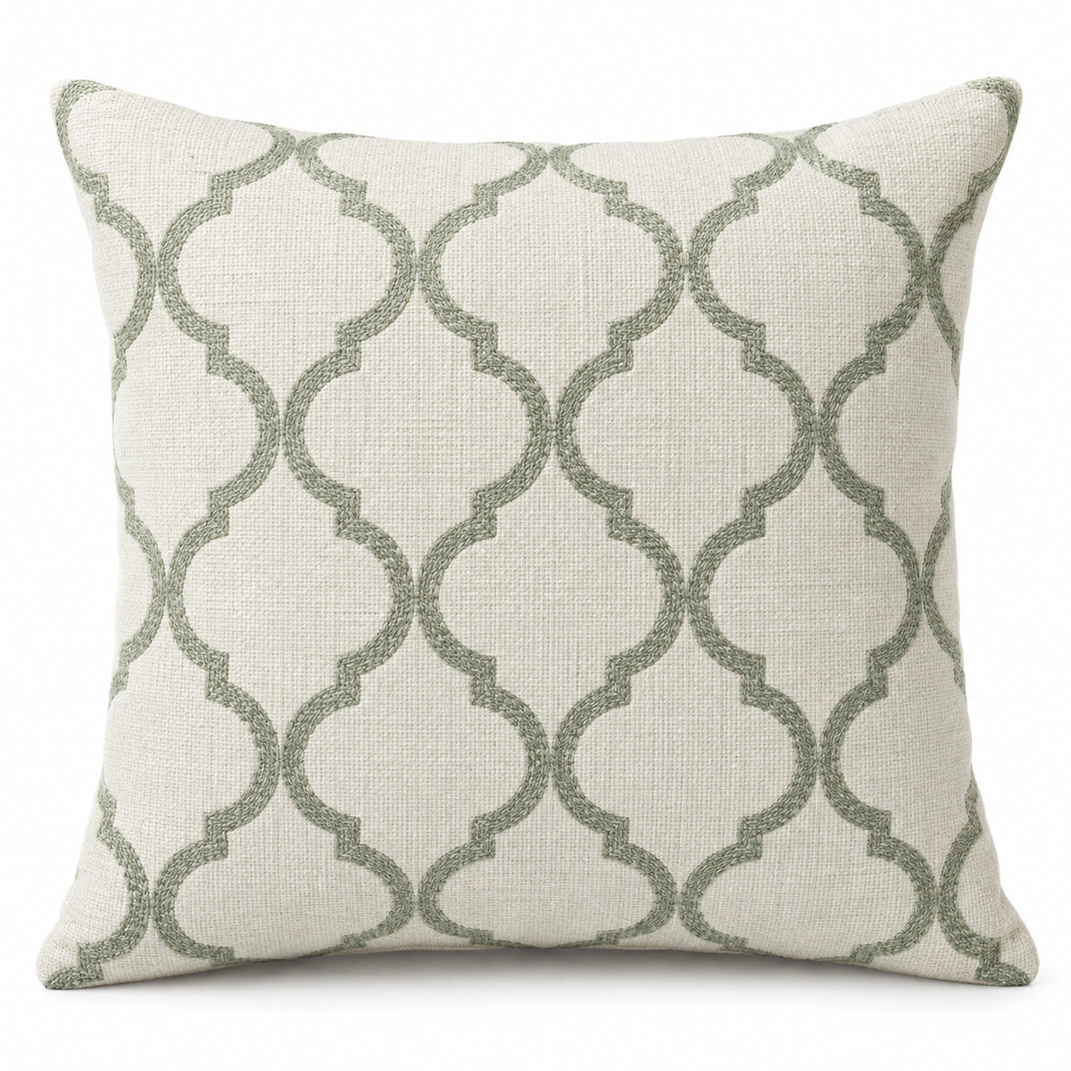 Ivory square decorative cushion cover with a sage green repeating ogee lattice pattern