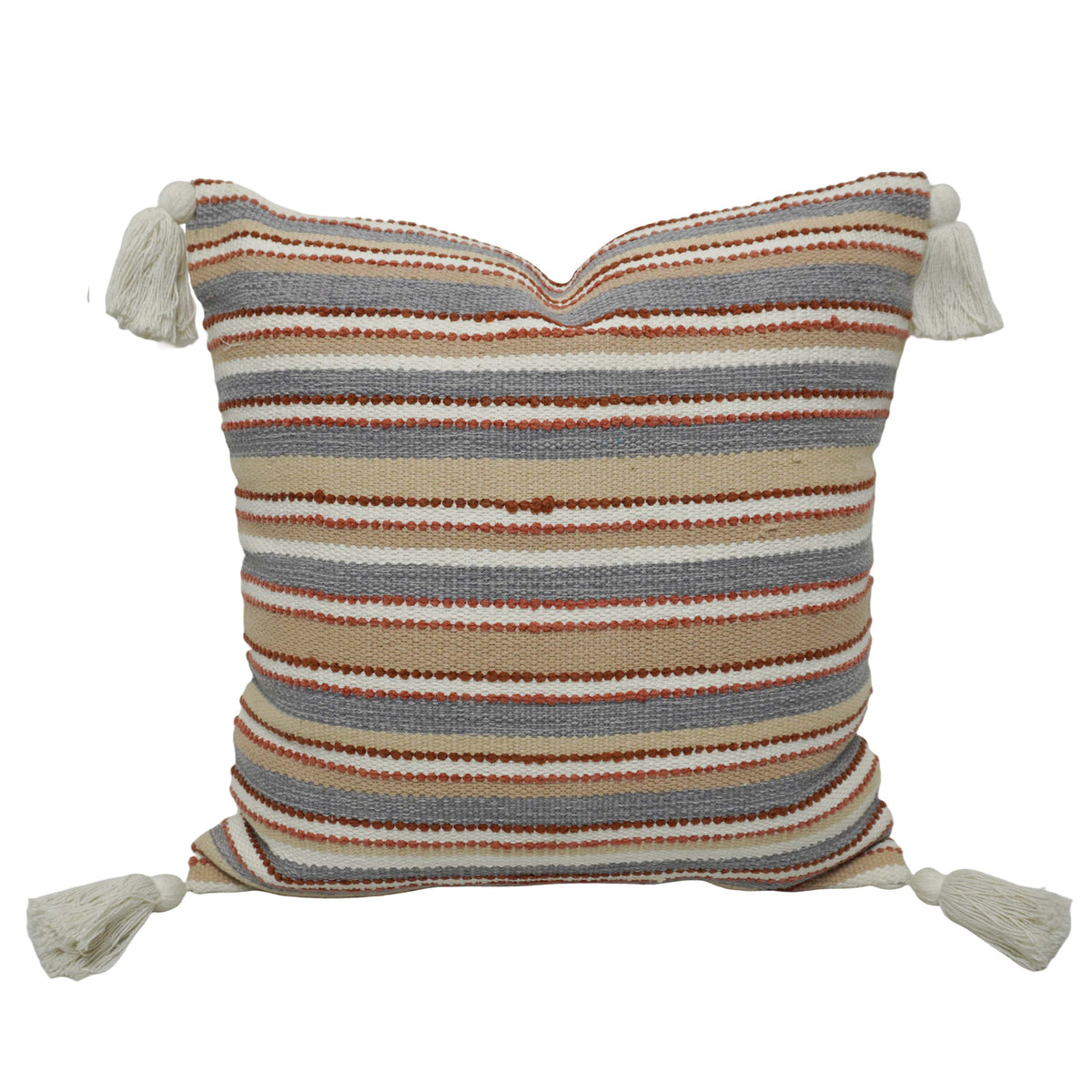 Handwoven Striped Cotton Cushion Cover with Tassels | 45x45 cm | Boho Decorative Throw Pillow Cover | Hidden Zip | Sofa & Living Room Décor
