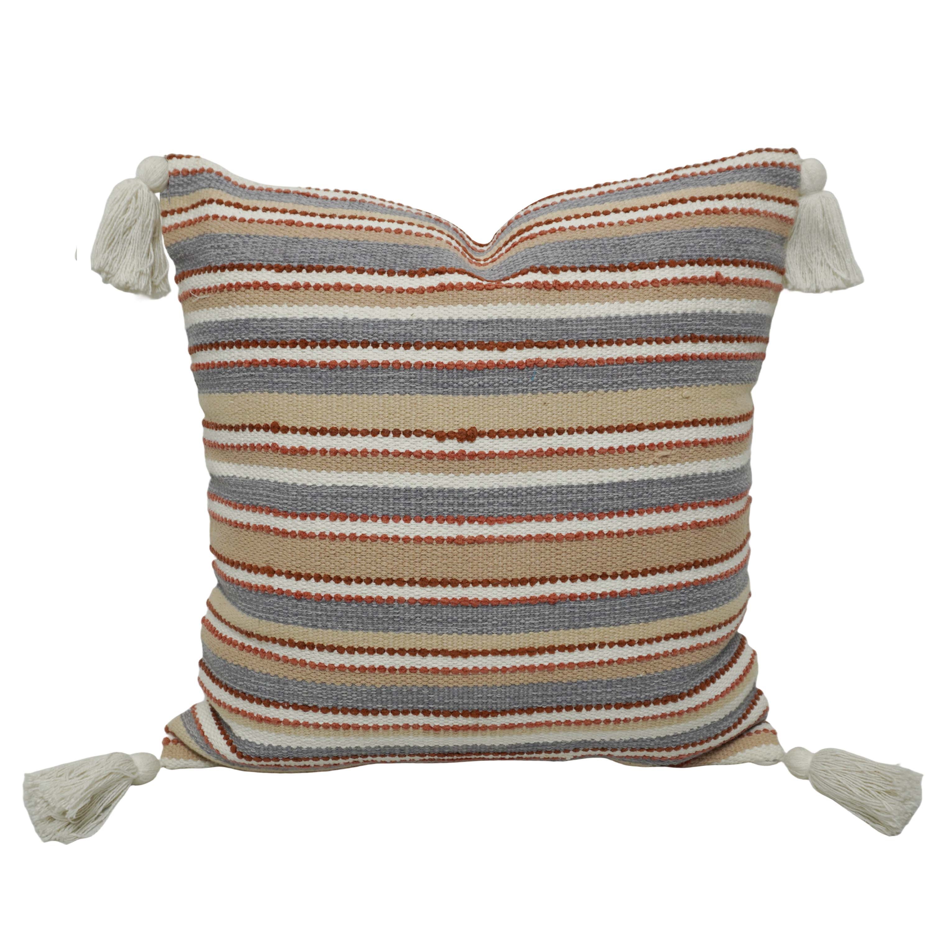 Handwoven Striped Cotton Cushion Cover with Tassels | 45x45 cm | Boho Decorative Throw Pillow Cover | Hidden Zip | Sofa & Living Room Décor