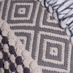 Handwoven Boho Fringe Cushion Cover 45x45 cm | Cotton & Polyester Textured Geometric Throw Pillow Cover | Grey & Ivory Decorative Cushion Cover