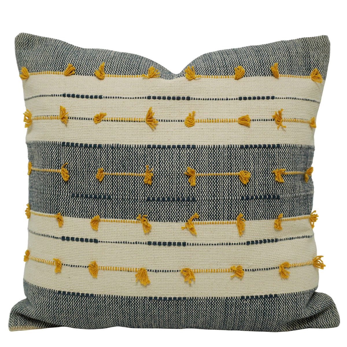 Handwoven Cotton Cushion Cover 45x45 cm | Grey & Ivory Striped with Mustard Tassel Details | Decorative Boho Throw Pillow Cover | Hidden Zipper