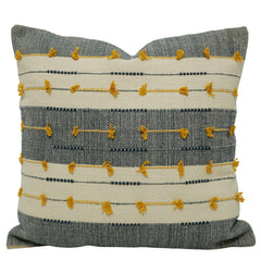 Handwoven Cotton Cushion Cover 45x45 cm | Grey & Ivory Striped with Mustard Tassel Details | Decorative Boho Throw Pillow Cover | Hidden Zipper