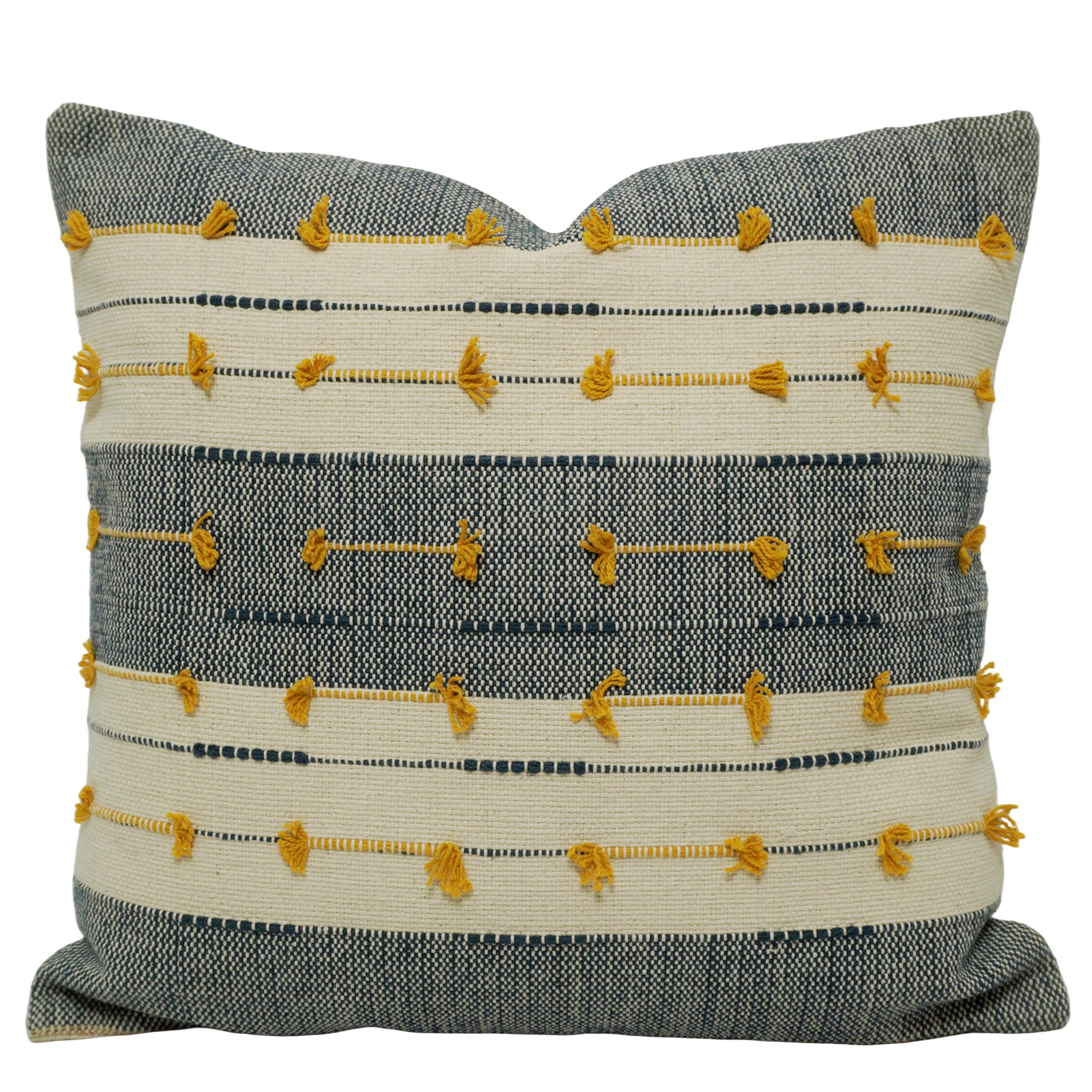 Handwoven Cotton Cushion Cover 45x45 cm | Grey & Ivory Striped with Mustard Tassel Details | Decorative Boho Throw Pillow Cover | Hidden Zipper