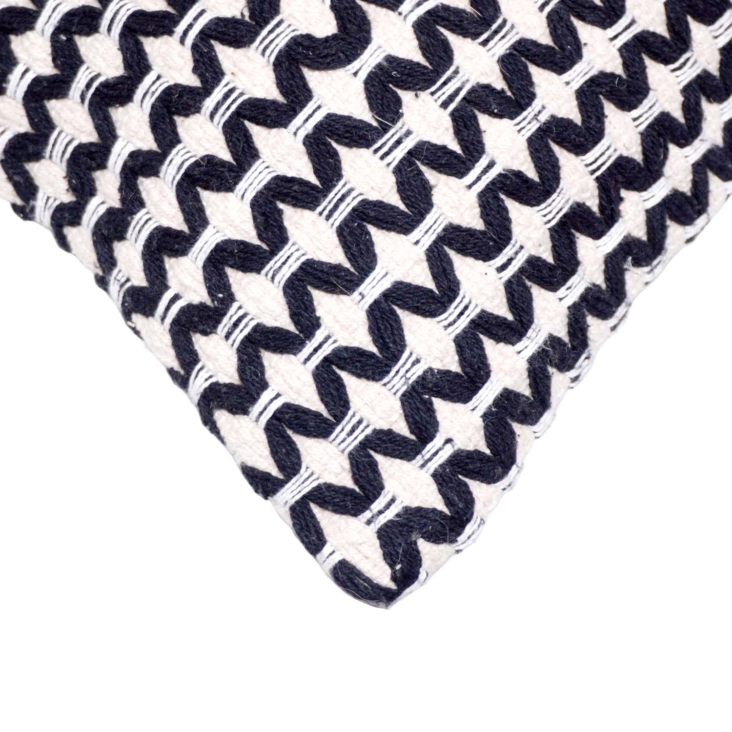 Handmade Geometric Embroidered Cotton Cushion Cover 45x45 cm | Black & Ivory Decorative Throw Pillow Cover | Modern Boho Home Décor