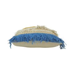 Textured Fringe Cotton Cushion Cover | Handwoven Boho Tufted Pillow Cover | Blue & Mustard Abstract Design | 45x45 cm