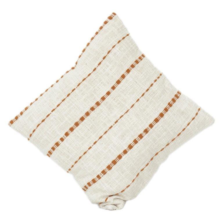 Handwoven Cotton Cushion Cover 45x45 cm – Neutral Textured Fabric with Rust Stripe Embroidery | Handmade Minimalist Pillow Cover