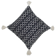 Handwoven Cotton Cushion Cover 45x45 cm | Black & Ivory Geometric Woven Design with Tassels | Boho Decorative Throw Pillow Cover | Hidden Zipper | Handmade Home Décor