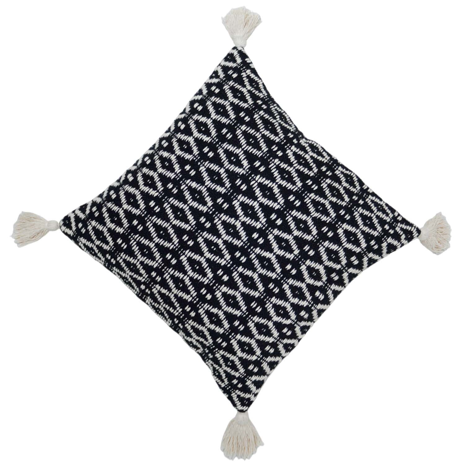 Handwoven Cotton Cushion Cover 45x45 cm | Black & Ivory Geometric Woven Design with Tassels | Boho Decorative Throw Pillow Cover | Hidden Zipper | Handmade Home Décor