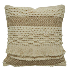 Handwoven Cotton Cushion Cover 45x45 cm | Boho Textured Woven Cushion Cover with Fringe | Cream & Natural Decorative Throw Pillow Cover | Hidden Zipper | Handmade Home Décor