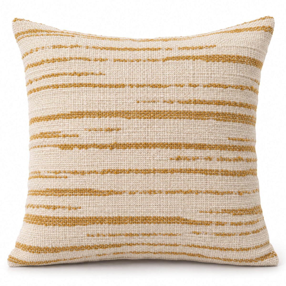 Cream square cushion cover with fine mustard horizontal stripes and subtle raised-looking woven details