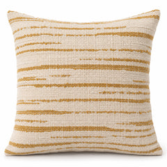 Cream square cushion cover with fine mustard horizontal stripes and subtle raised-looking woven details