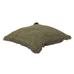 Olive Green Textured Cotton Cushion Cover with Fringed Edges | Rustic Boho Throw Pillow Cover | 18x18 Inch