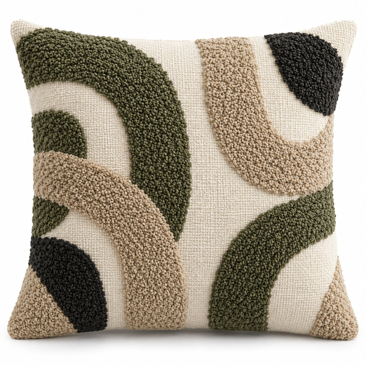 Square cushion cover with raised-looking sculptural arches in olive green, cream, beige and black