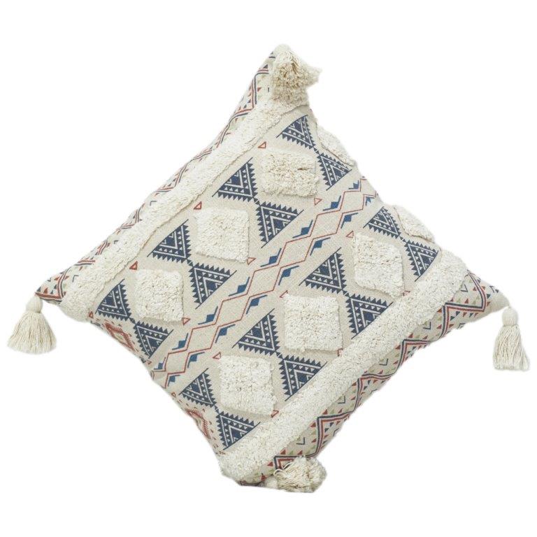 Printed & Tufted Geometric Cotton Cushion Cover with Tassels – 45x45 cm | Boho Tribal Design