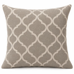 Taupe square cushion cover with interlocking cream ogee trellis motif across the front