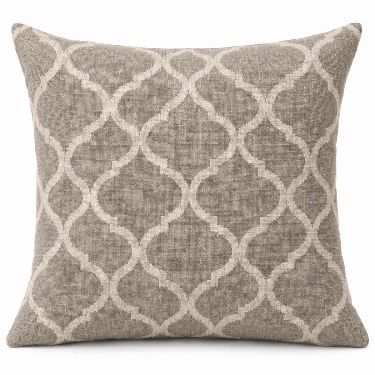 Taupe square cushion cover with interlocking cream ogee trellis motif across the front