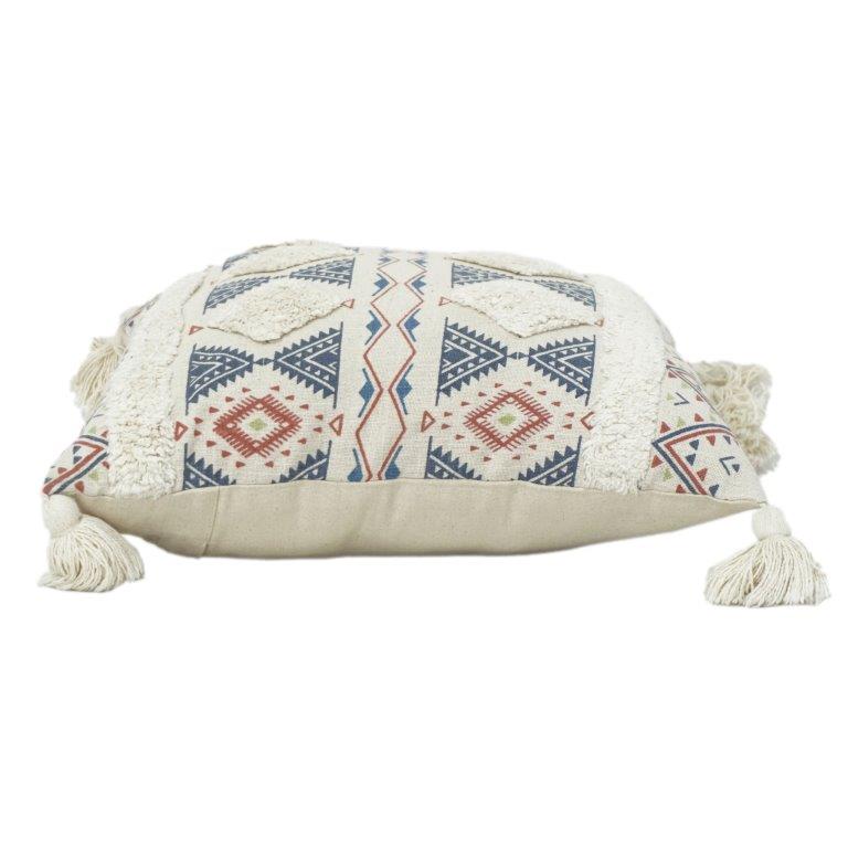 Printed & Tufted Geometric Cotton Cushion Cover with Tassels – 45x45 cm | Boho Tribal Design